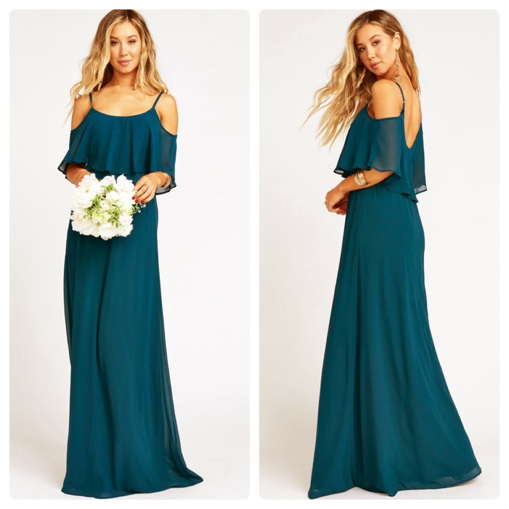 Show Me Your Mumu Caitlin Ruffle Maxi Dress in Deep Jade Chiffon